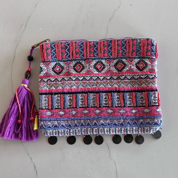 Mereno Tribal Beaded Clutch Purse w Fringe Tassel, Metallic Charms & Zip Closure - Picture 1 of 11
